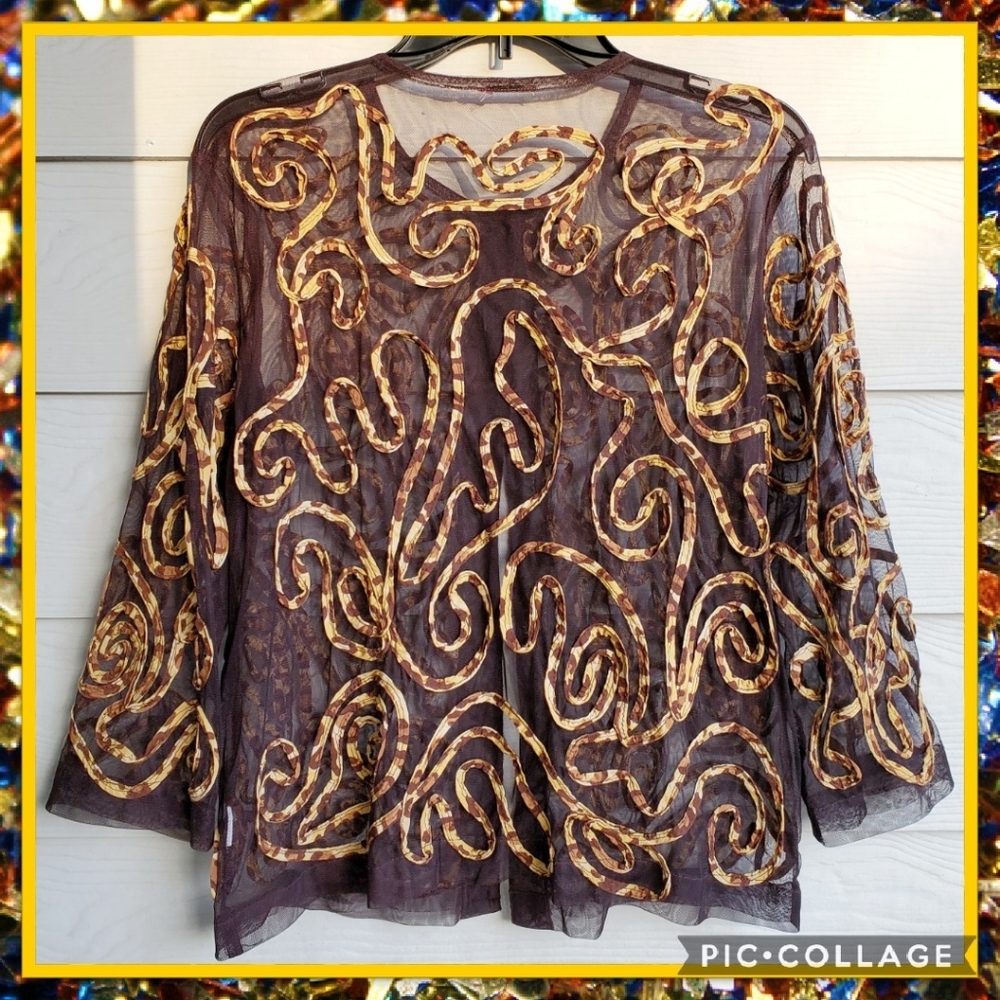 Chico's Brown Sheer Mesh Summer Cardigan w/Sewn-on Animal Print Leopard Swirls - Picture 16 of 16